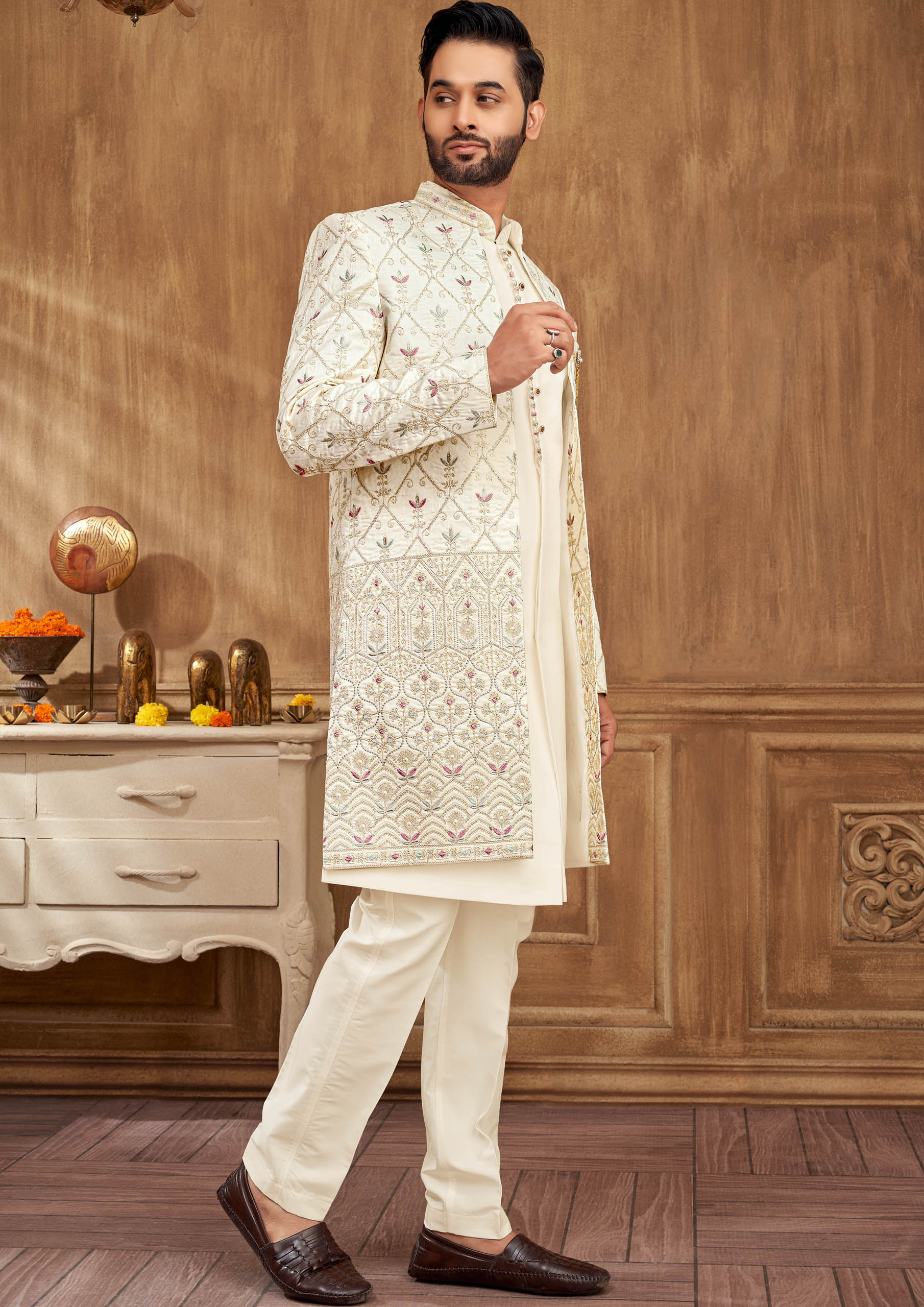 Men’s Indo-Western Kurta Set With Purple And Green Embroidered